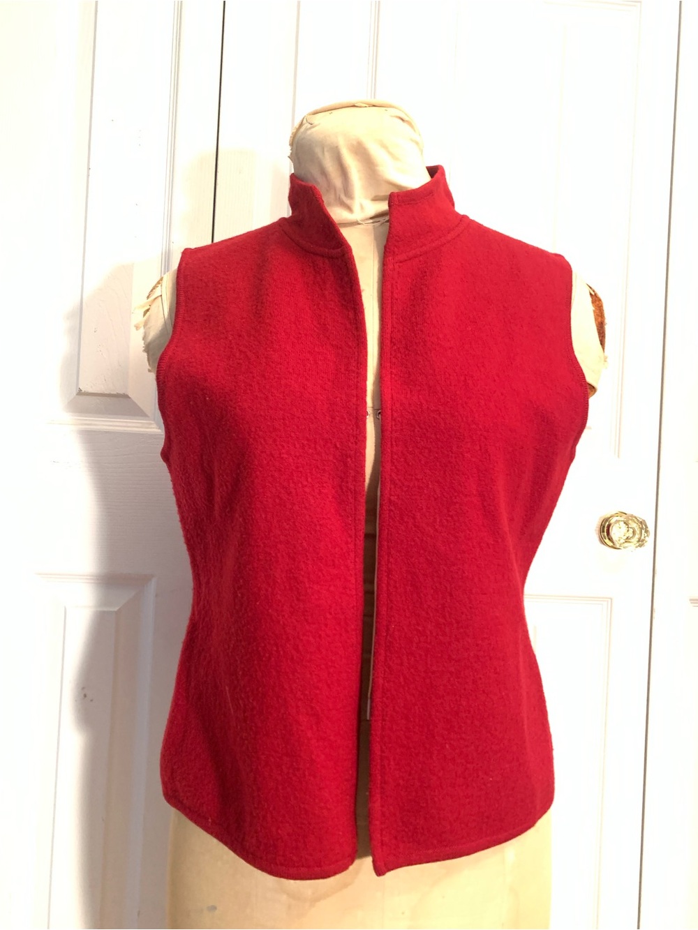 Woolrich Red Sleeveless Wool Vest with Stand Collar